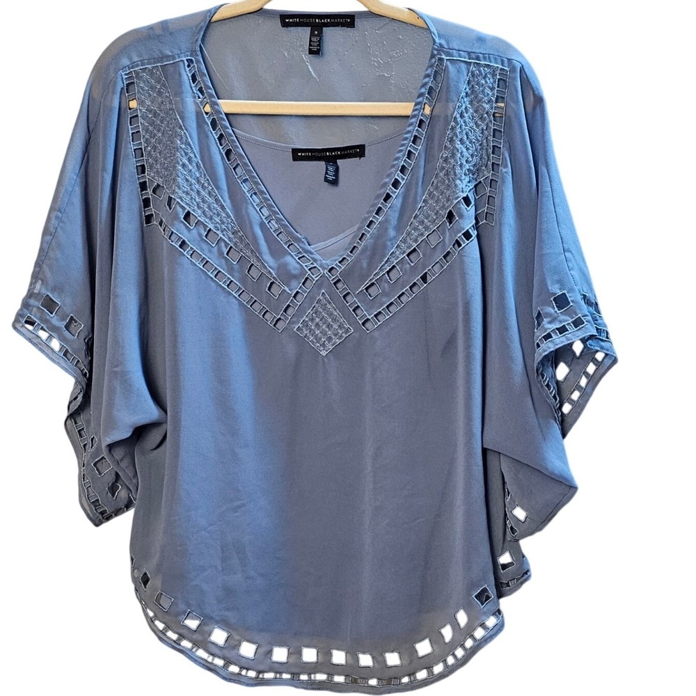 White House Black Market Blue Sheer Cutout Embellished V Neck Top Sm w/ Cami GUC